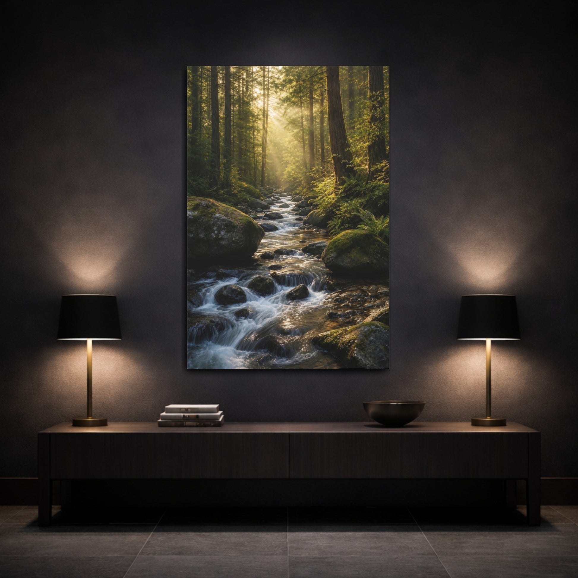 Mockup 3. Nature Forest River Sunlit Forest shown as stretched canvas wall art