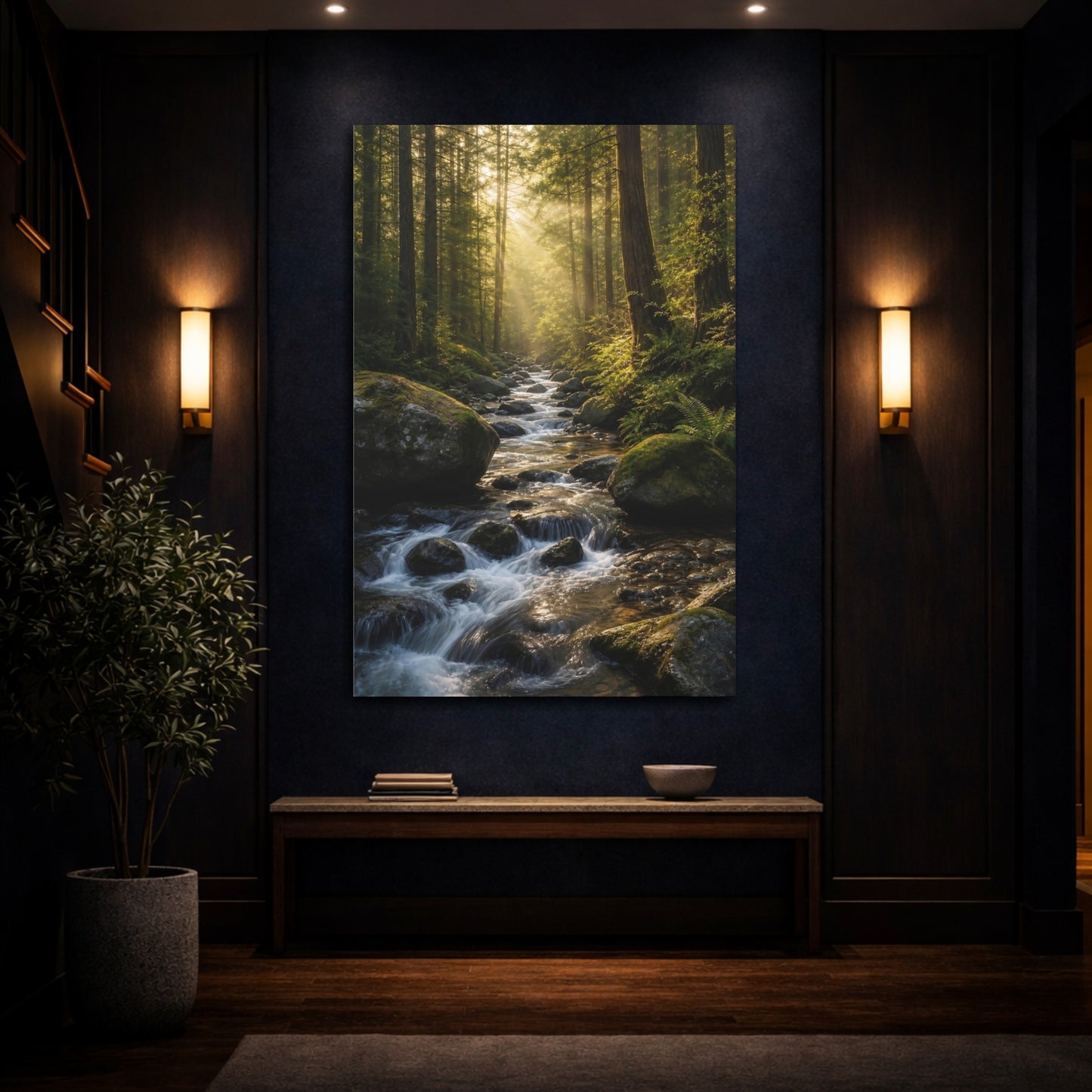 Mockup 4. Nature Forest River Sunlit Forest shown as stretched canvas wall art