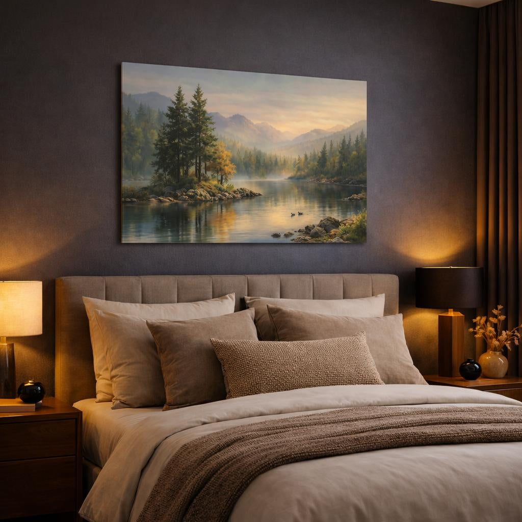 Nature Forest Serene shown as canvas wall art in a luxury bedroom