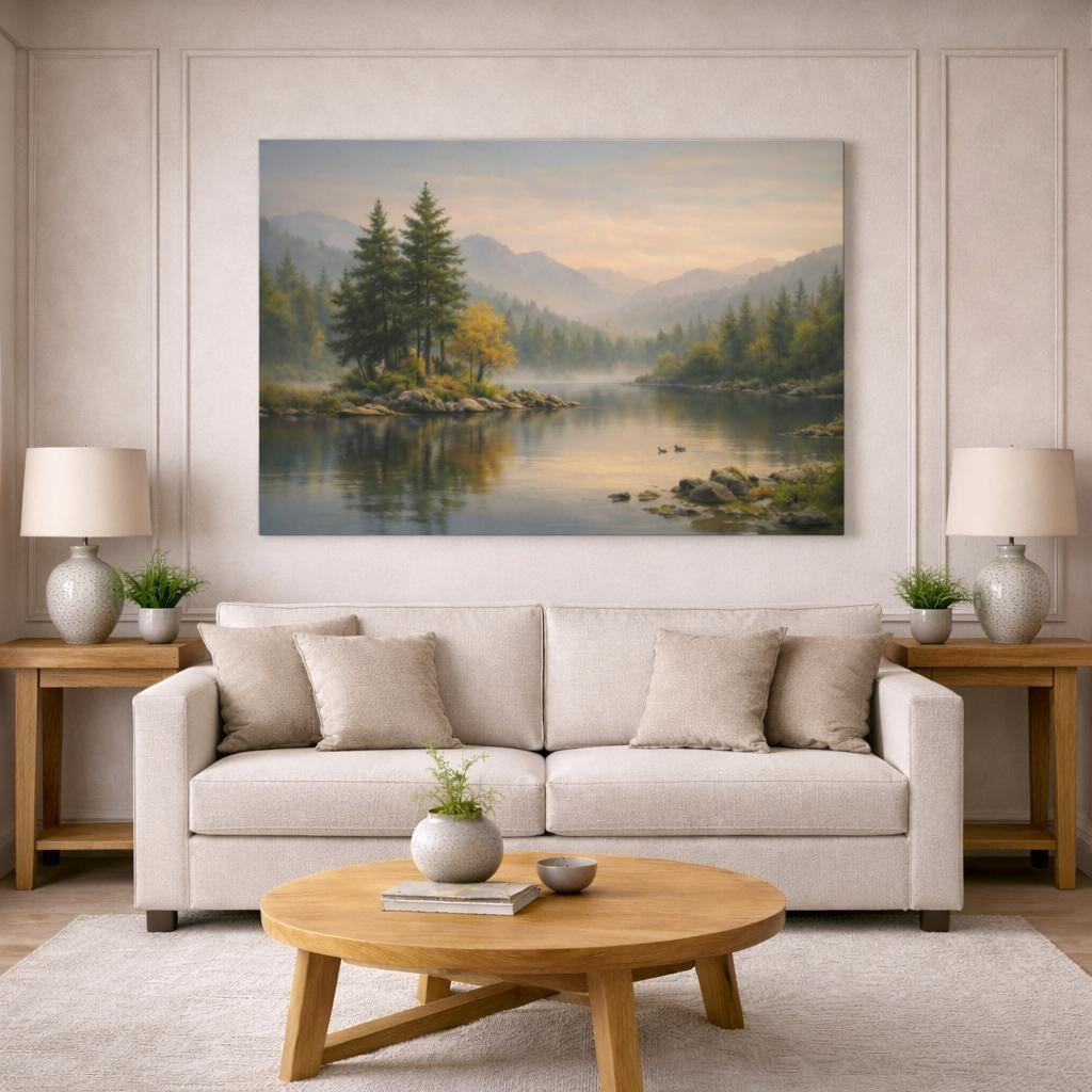 Nature Forest Serene shown as canvas wall art in a modern living room