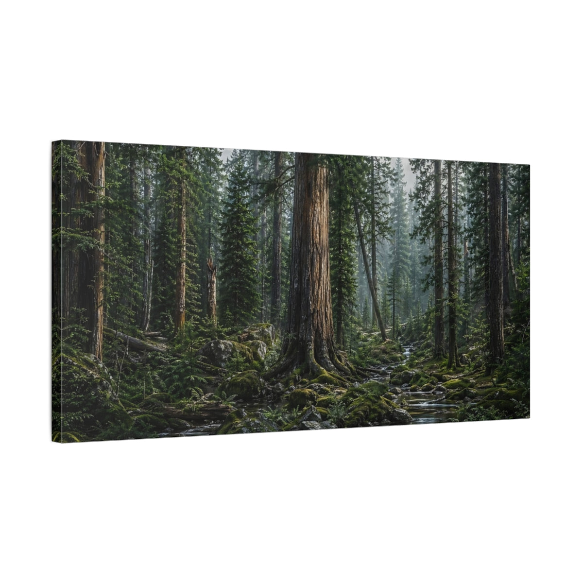 Side Mockup 1. Nature Forest Stream Green Forest Stream shown as stretched canvas wall art