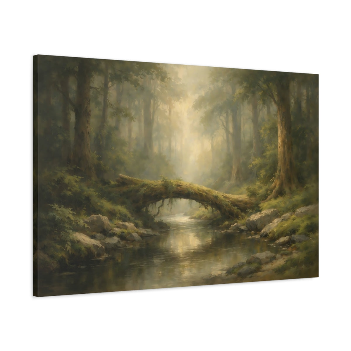 Side Mockup 1. Nature Forest Stream Green Forest shown as stretched canvas wall art