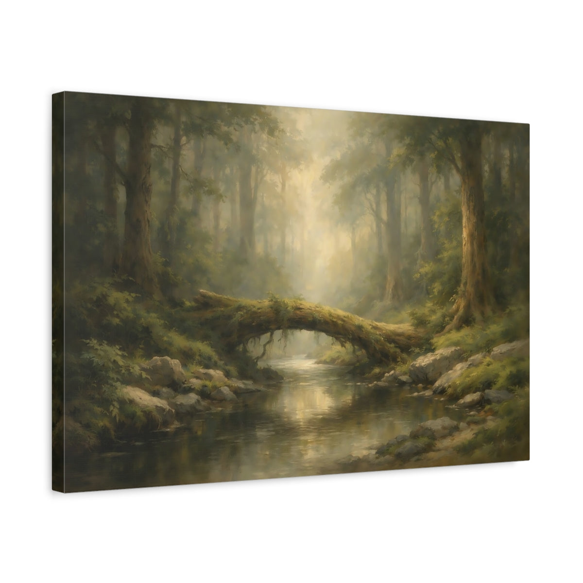 Side Mockup 3. Nature Forest Stream Green Forest shown as stretched canvas wall art