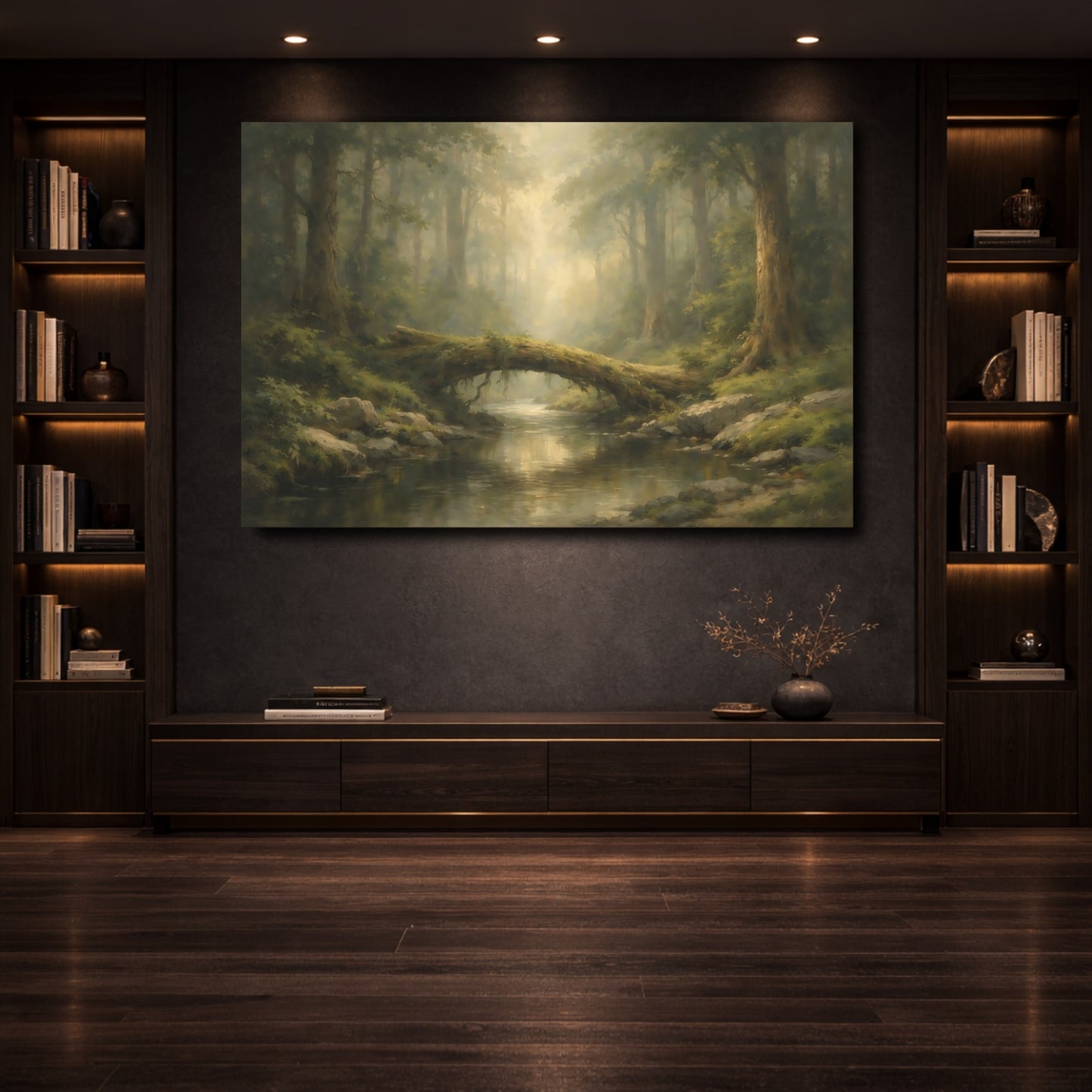 Mockup 3. Nature Forest Stream Green Forest shown as stretched canvas wall art