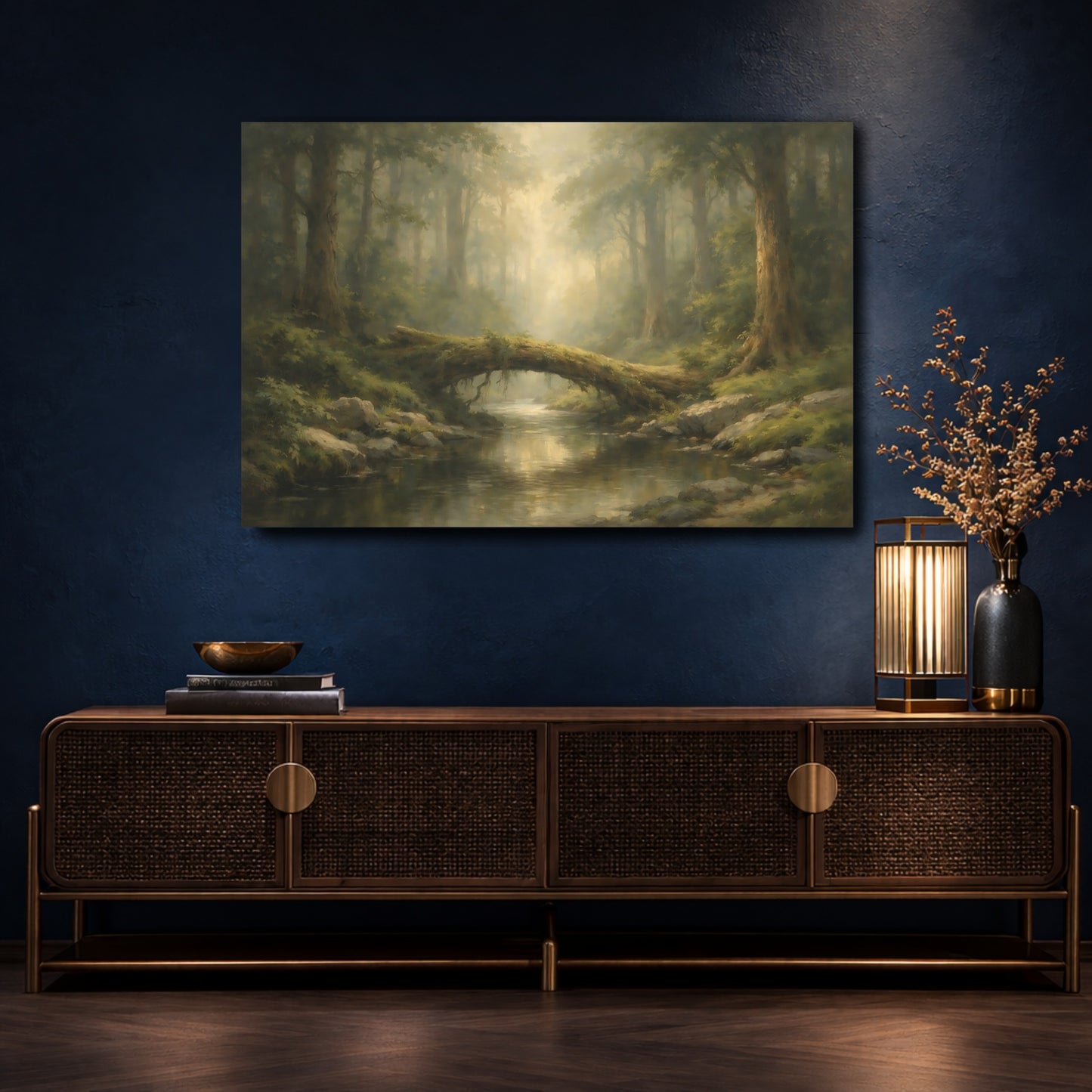 Mockup 4. Nature Forest Stream Green Forest shown as stretched canvas wall art