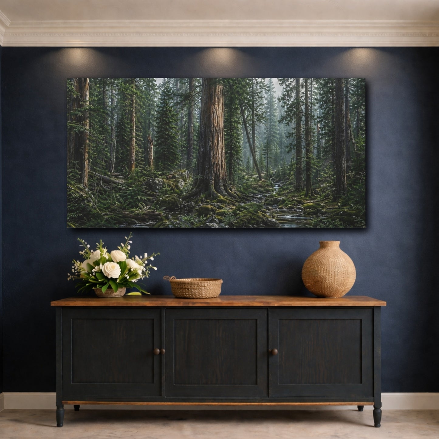 Mockup 4. Nature Forest Stream Green Forest Stream shown as stretched canvas wall art