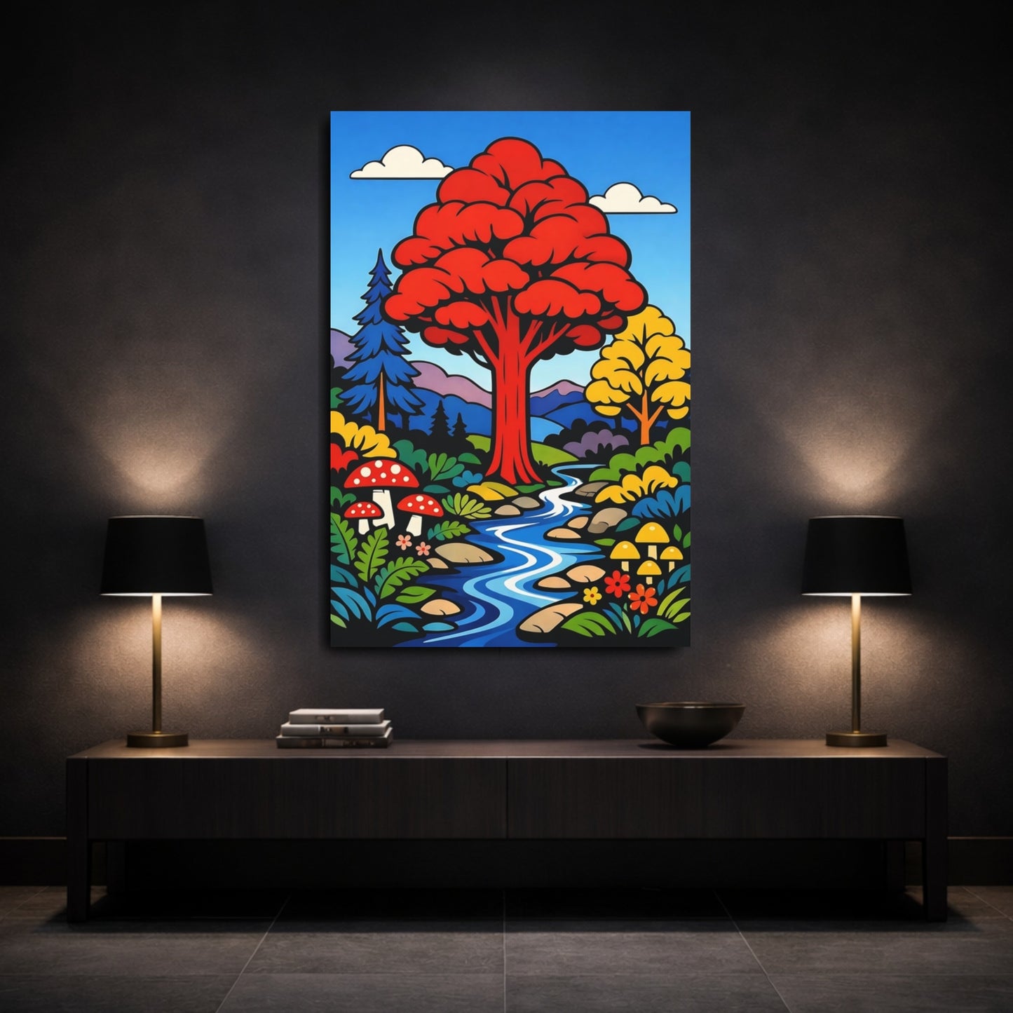 Mockup 2. Nature Forest Stream Vibrant Nature Scene shown as stretched canvas wall art