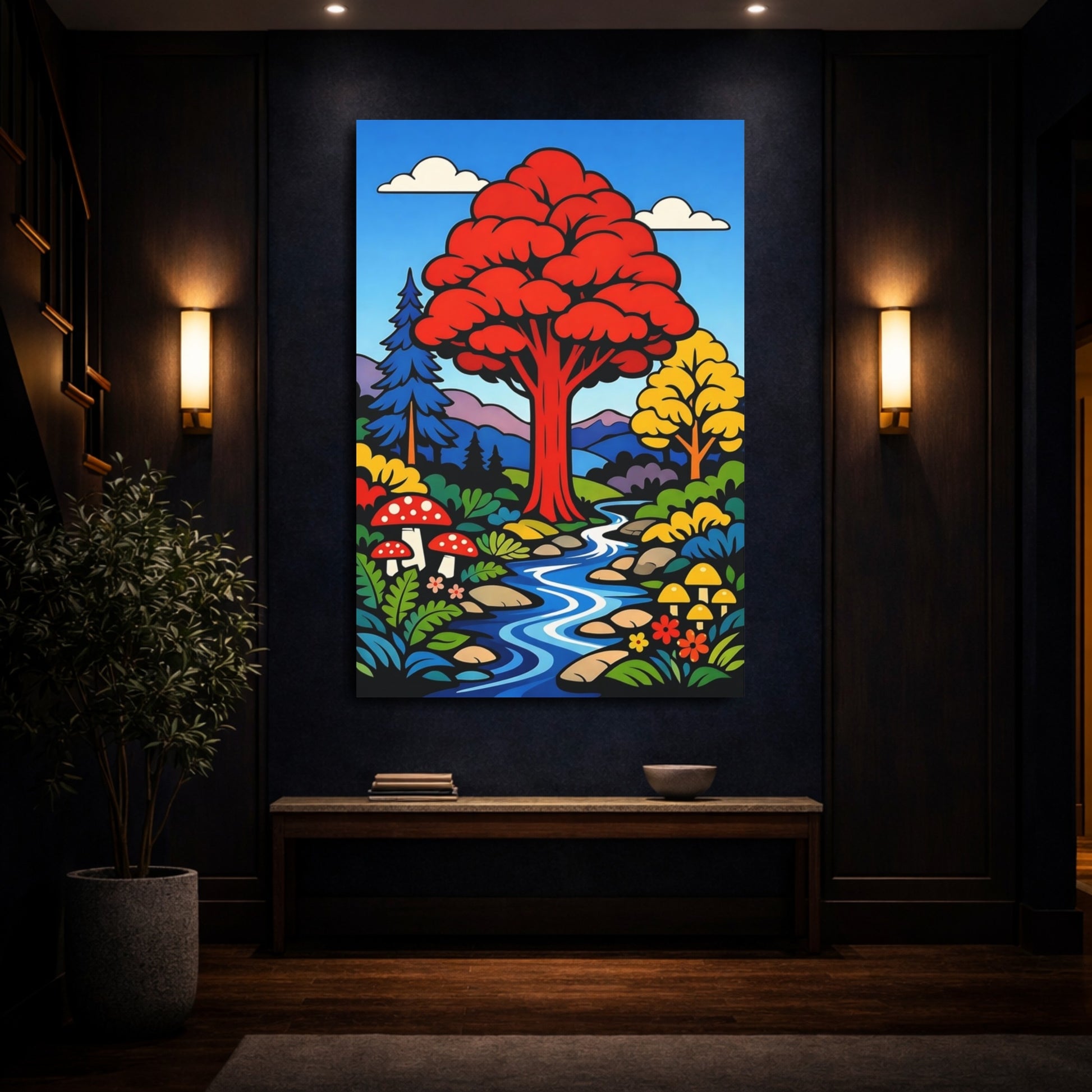 Mockup 3. Nature Forest Stream Vibrant Nature Scene shown as stretched canvas wall art