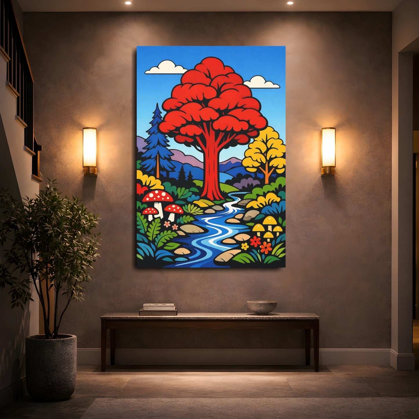 Mockup 4. Nature Forest Stream Vibrant Nature Scene shown as stretched canvas wall art