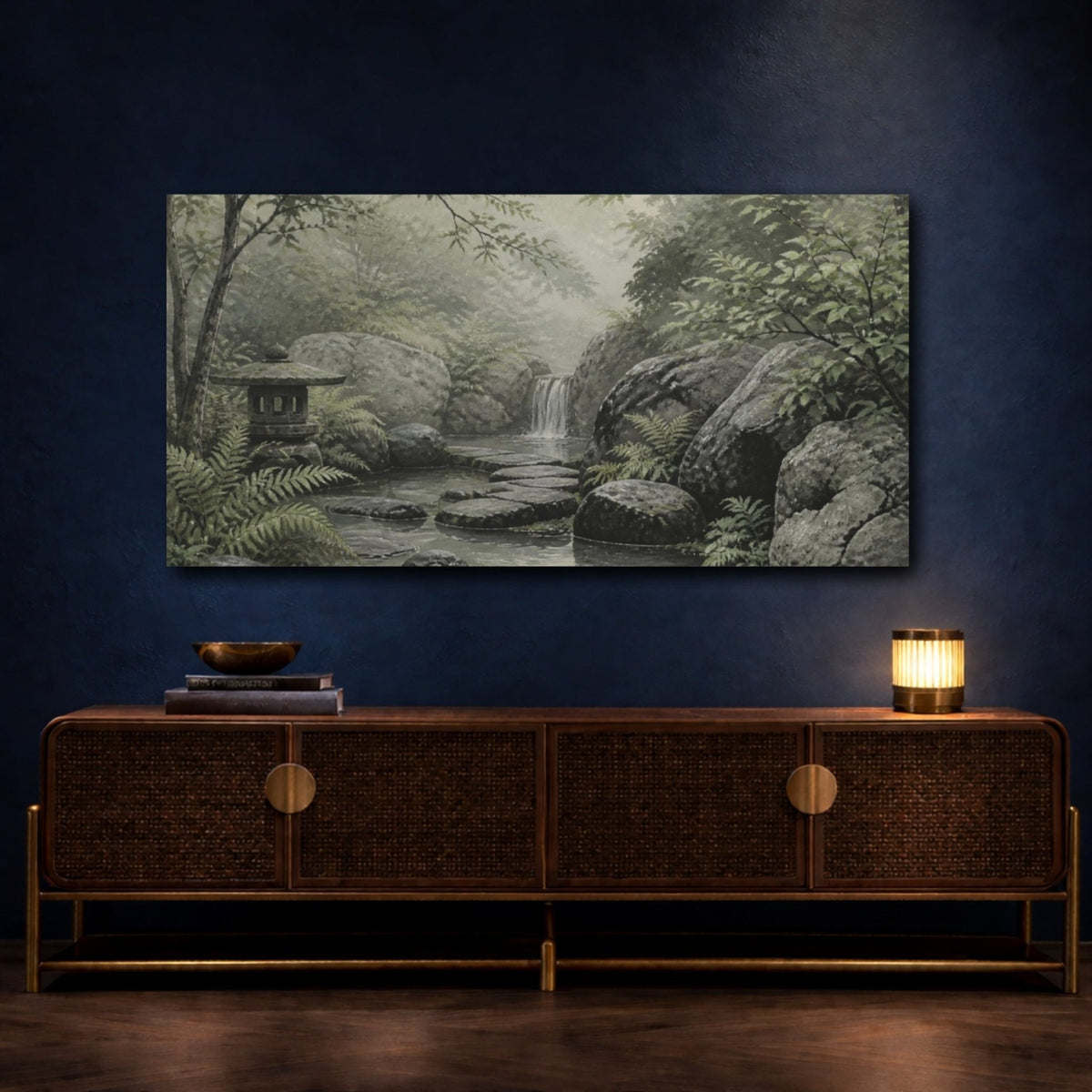 Nature Forest Stream Zen Garden Canvas Print – realistic Living Room, Above Sofa - YesArtYes