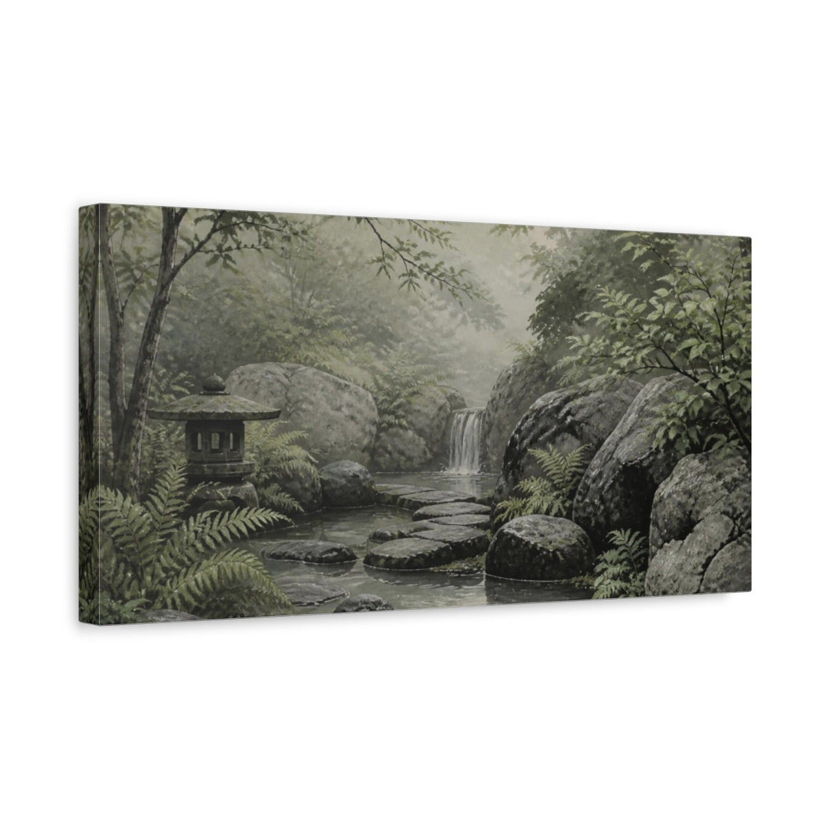 Side Mockup 3. Nature Forest stream zen garden shown as canvas print