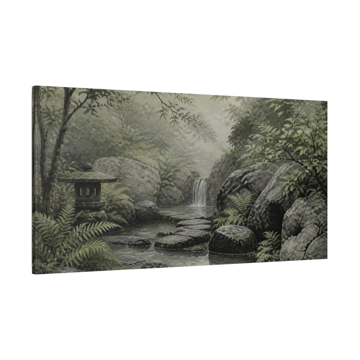 Side Mockup 2. Nature Forest stream zen garden shown as canvas print