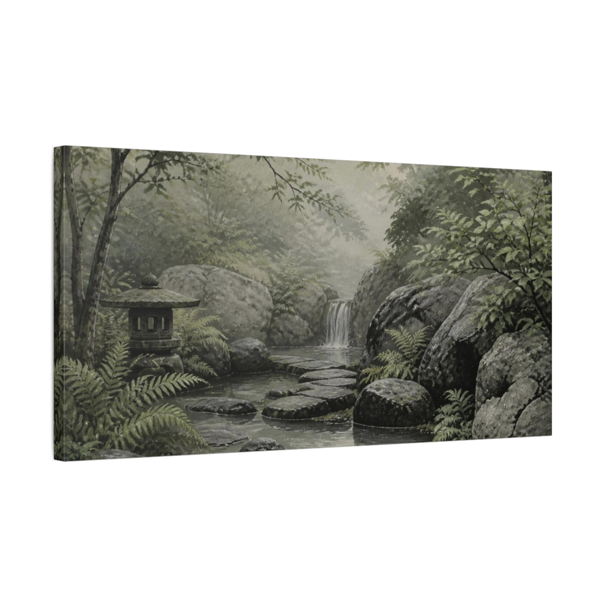 Side Mockup 1. Nature Forest stream zen garden shown as canvas print