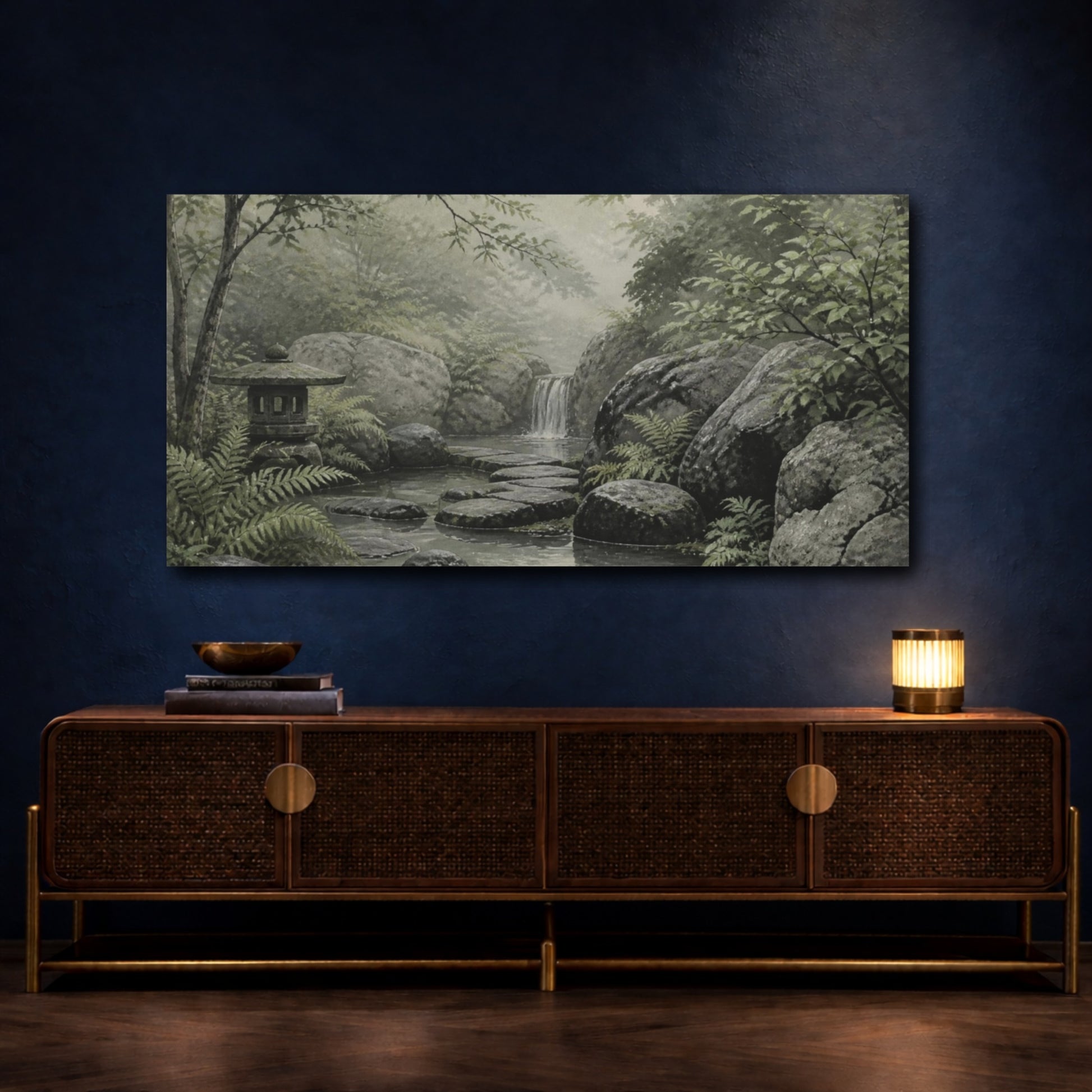 Mockup 4. Nature Forest stream zen garden shown as canvas print