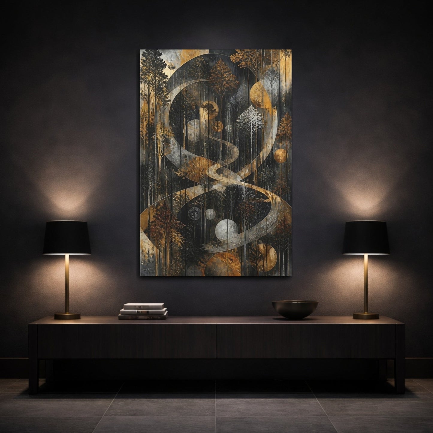 Nature Forest Trees Gold And Black Canvas Wall Art Print – Abstract Living Room, Above Console Table - YesArtYes