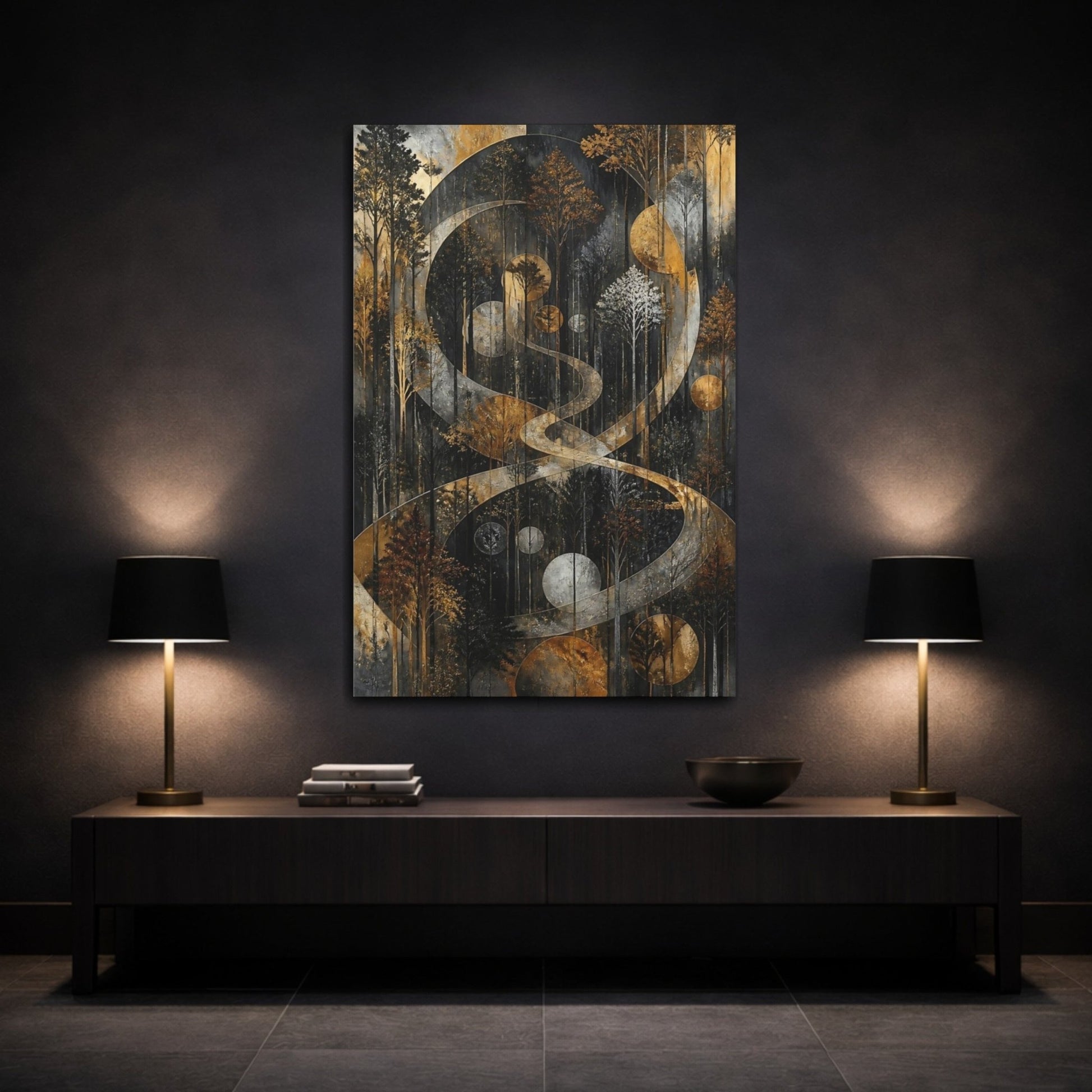 Nature Forest Trees Gold And Black Canvas Wall Art Print – Abstract Living Room, Above Console Table - YesArtYes