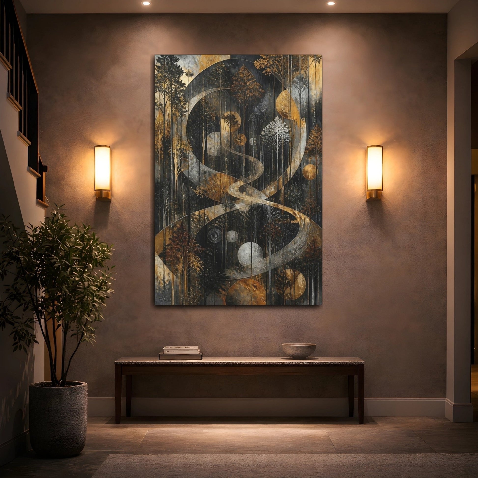Nature Forest Trees Gold And Black Canvas Wall Art Print – Abstract Living Room, Above Console Table - YesArtYes