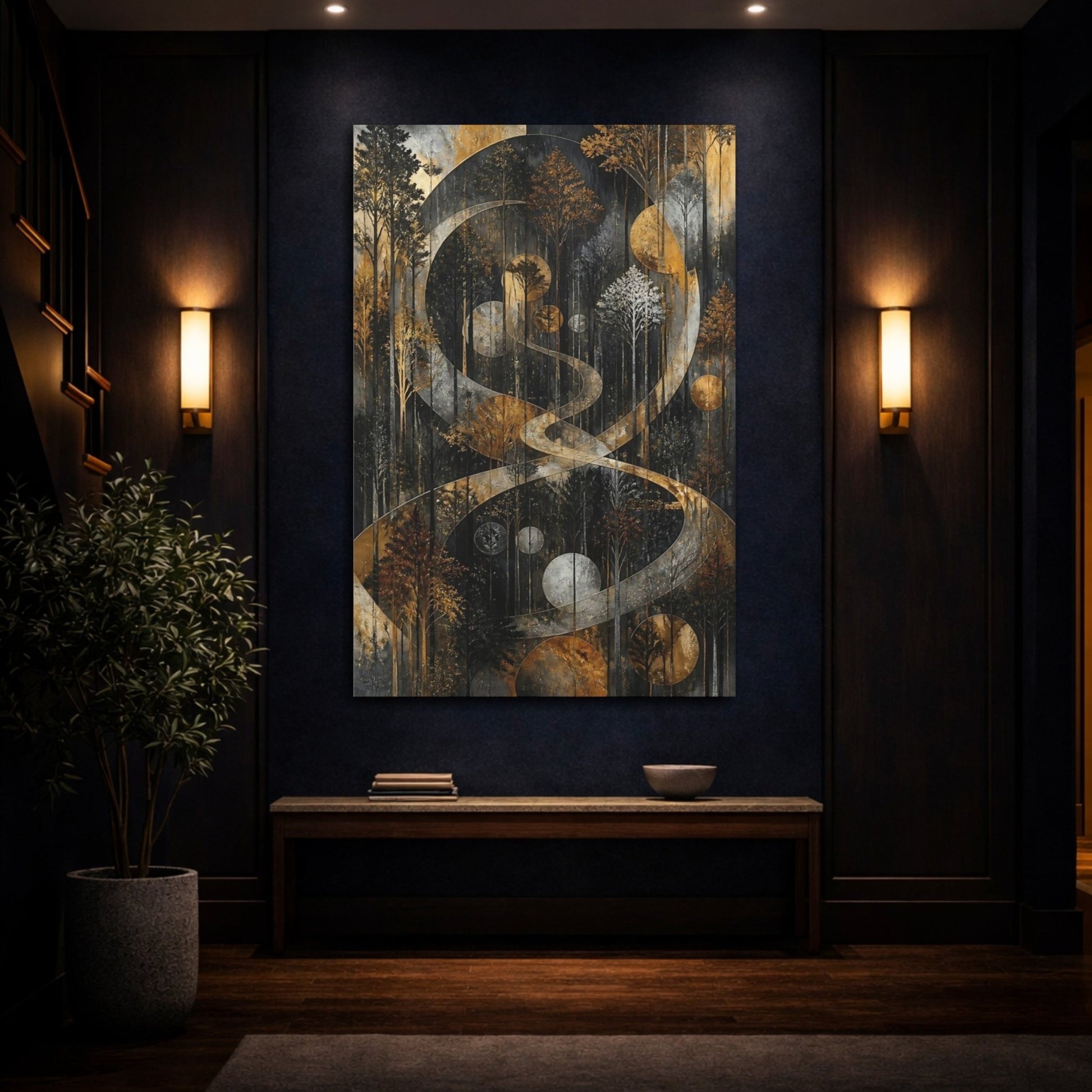 Nature Forest Trees Gold And Black Canvas Wall Art Print – Abstract Living Room, Above Console Table - YesArtYes