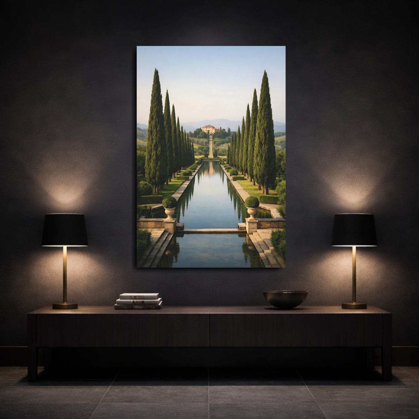 Mockup 2. Nature Formal Garden Tuscan Landscape shown as stretched canvas wall art