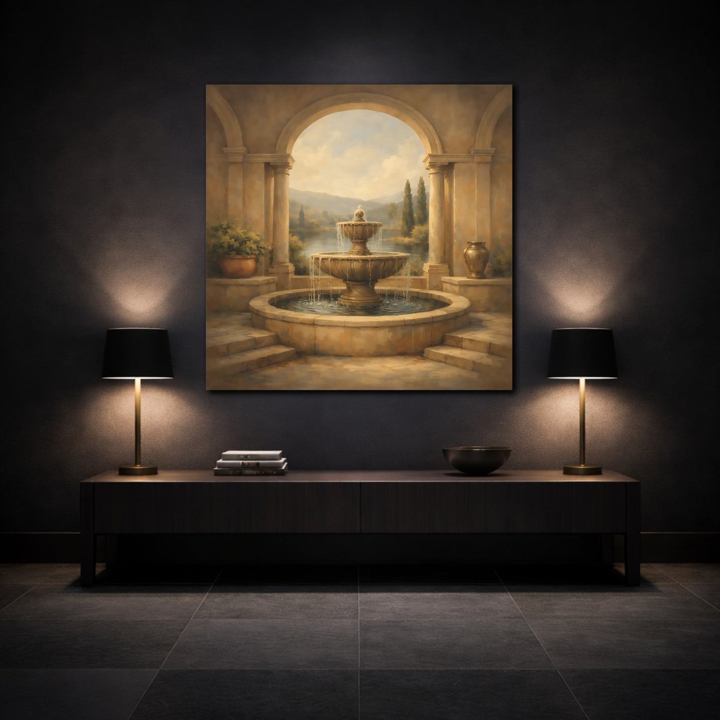 Mockup 3. Nature Fountain Classical Fountain shown as stretched canvas wall art