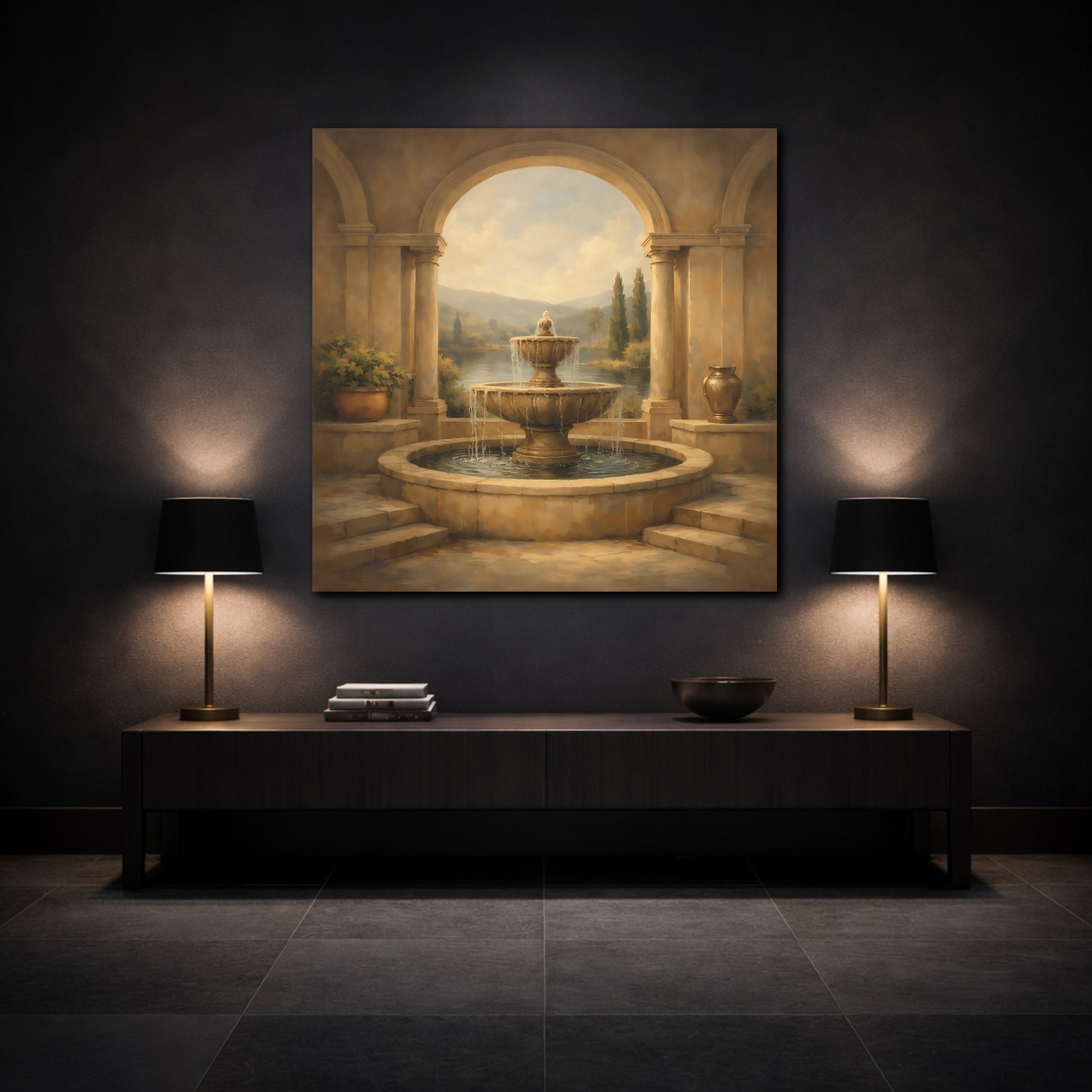 Mockup 3. Nature Fountain Classical Fountain shown as stretched canvas wall art