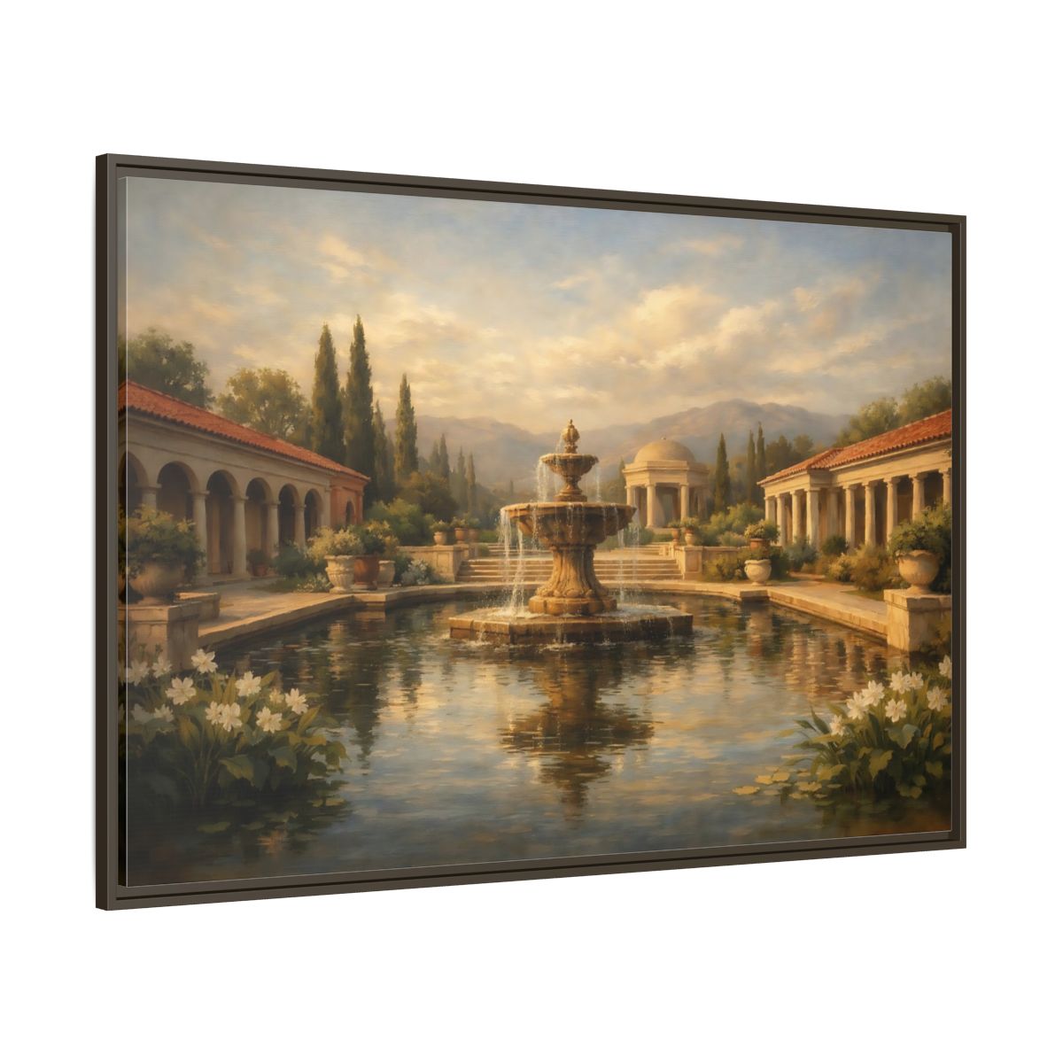 Main Mockup. Nature Fountain Classical Garden shown as stretched canvas wall art