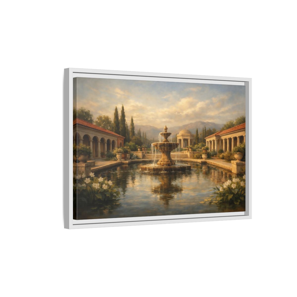 Side Mockup 1. Nature Fountain Classical Garden shown as stretched canvas wall art