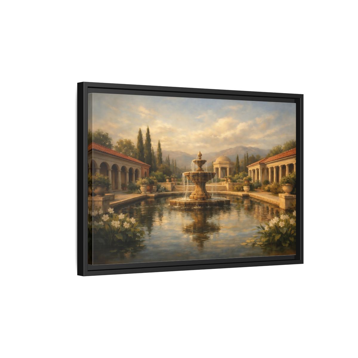 Side Mockup 3. Nature Fountain Classical Garden shown as stretched canvas wall art