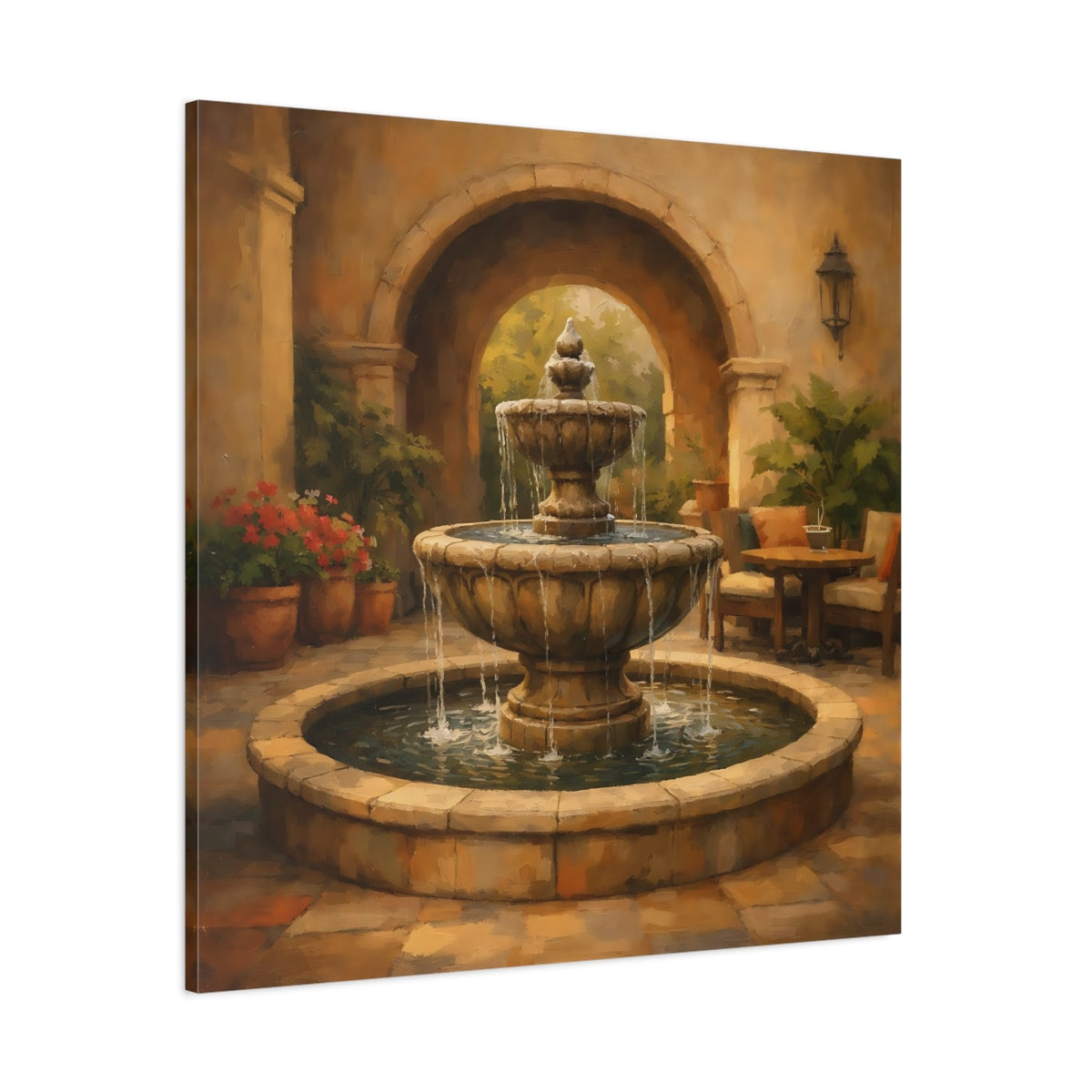 Main Mockup. Nature Fountain Fountain Courtyard shown as stretched canvas wall art