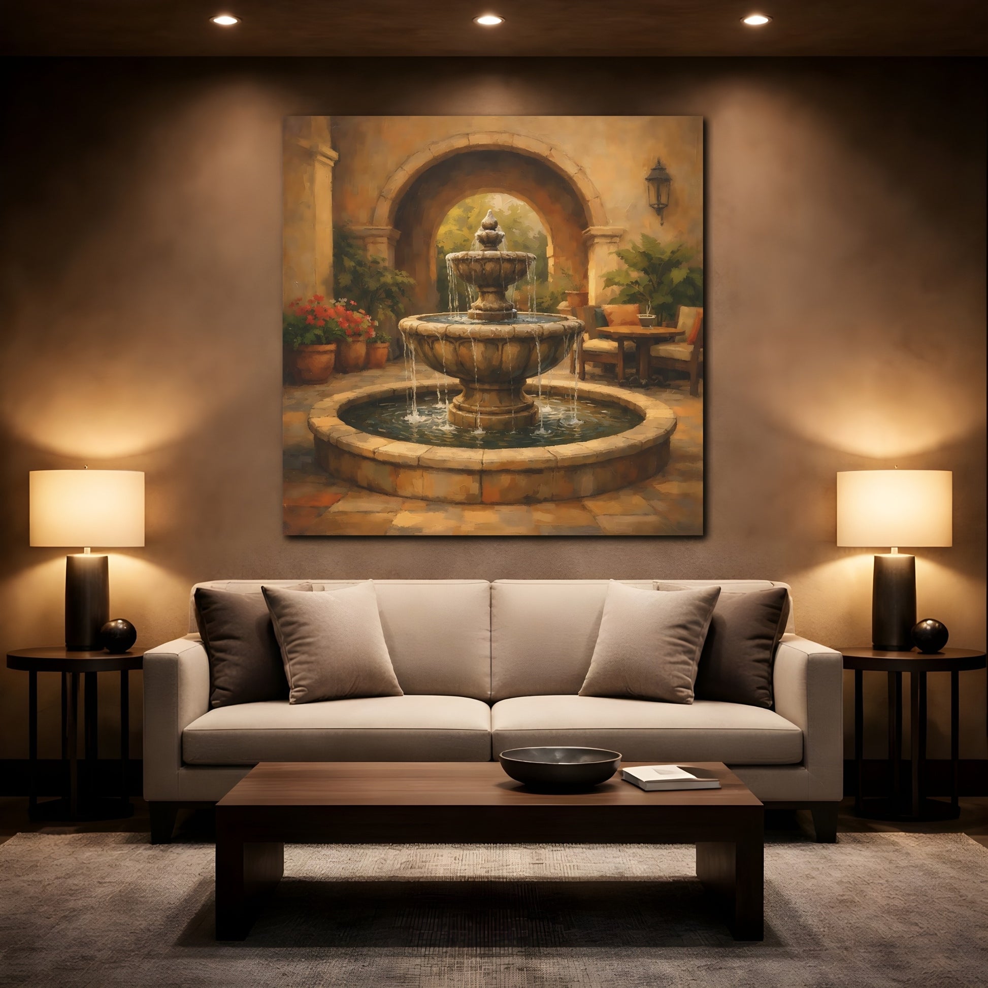 Mockup 2. Nature Fountain Fountain Courtyard shown as stretched canvas wall art
