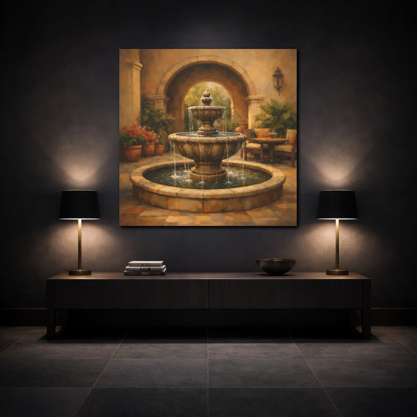 Mockup 3. Nature Fountain Fountain Courtyard shown as stretched canvas wall art