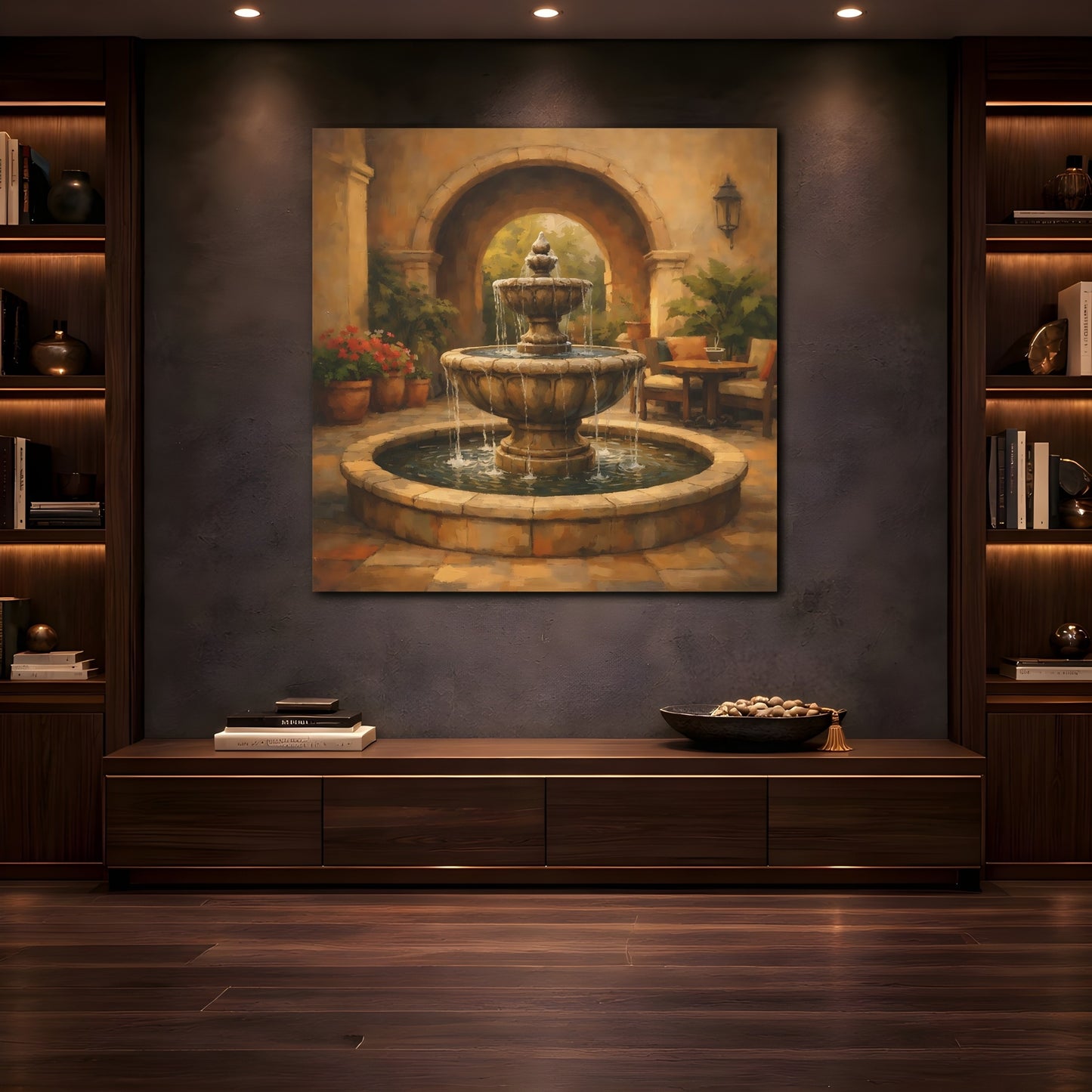 Mockup 4. Nature Fountain Fountain Courtyard shown as stretched canvas wall art