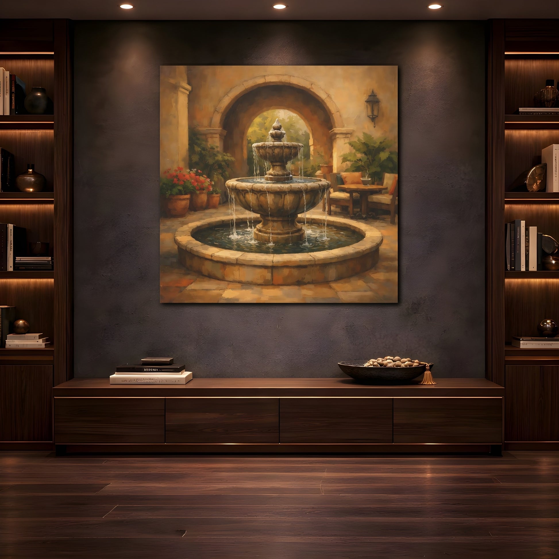 Mockup 4. Nature Fountain Fountain Courtyard shown as stretched canvas wall art