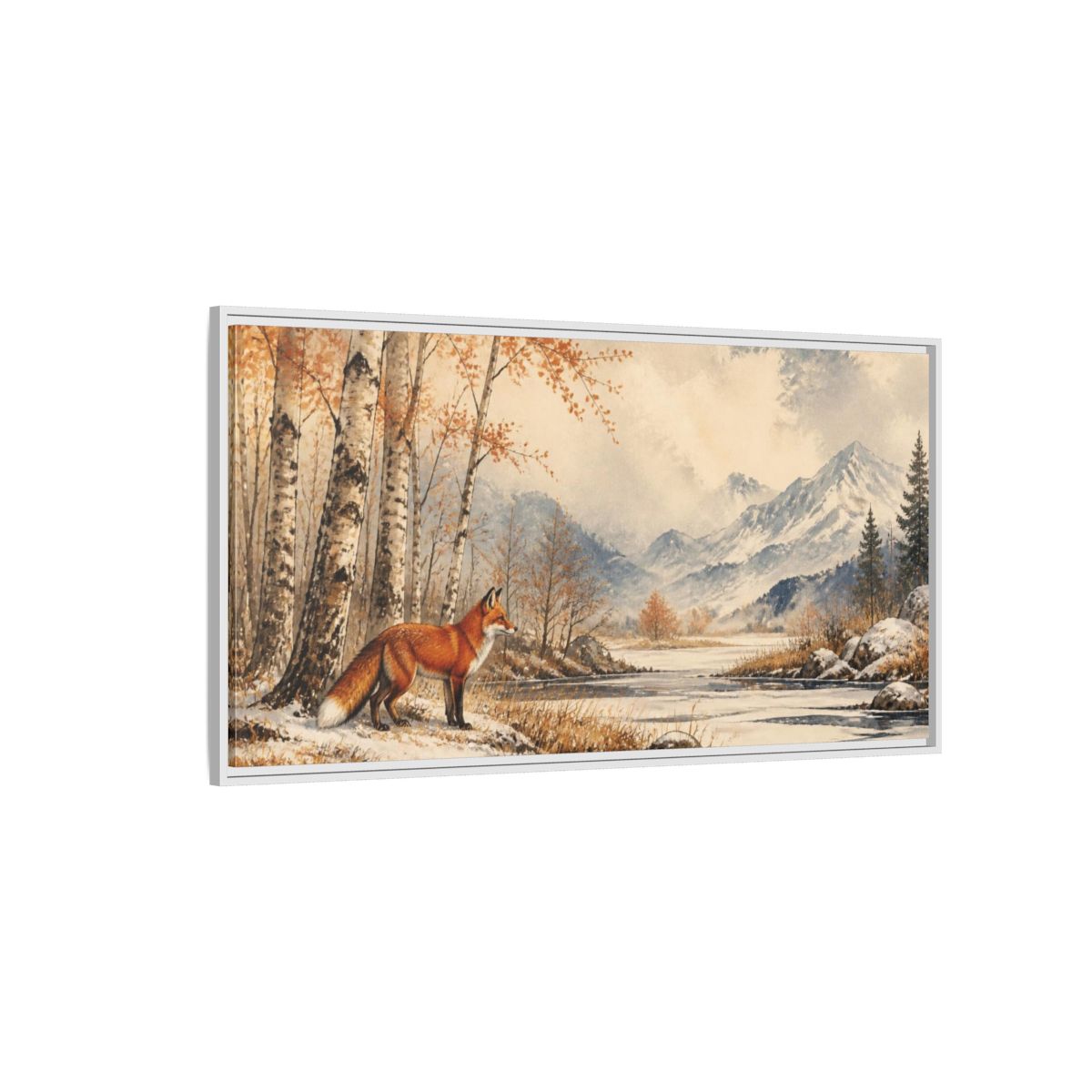 Side Mockup 3. Nature Fox In Birch Clearing shown as framed canvas print