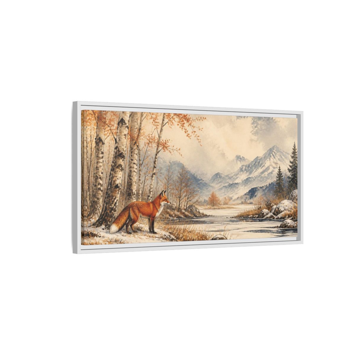 Side Mockup 1. Nature Fox In Birch Clearing shown as framed canvas print