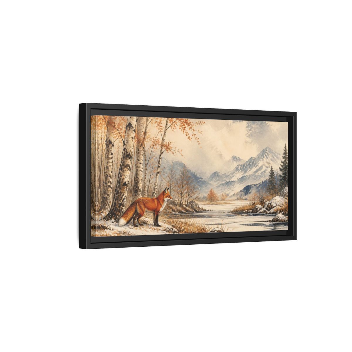 Side Mockup 8. Nature Fox In Birch Clearing shown as framed canvas print