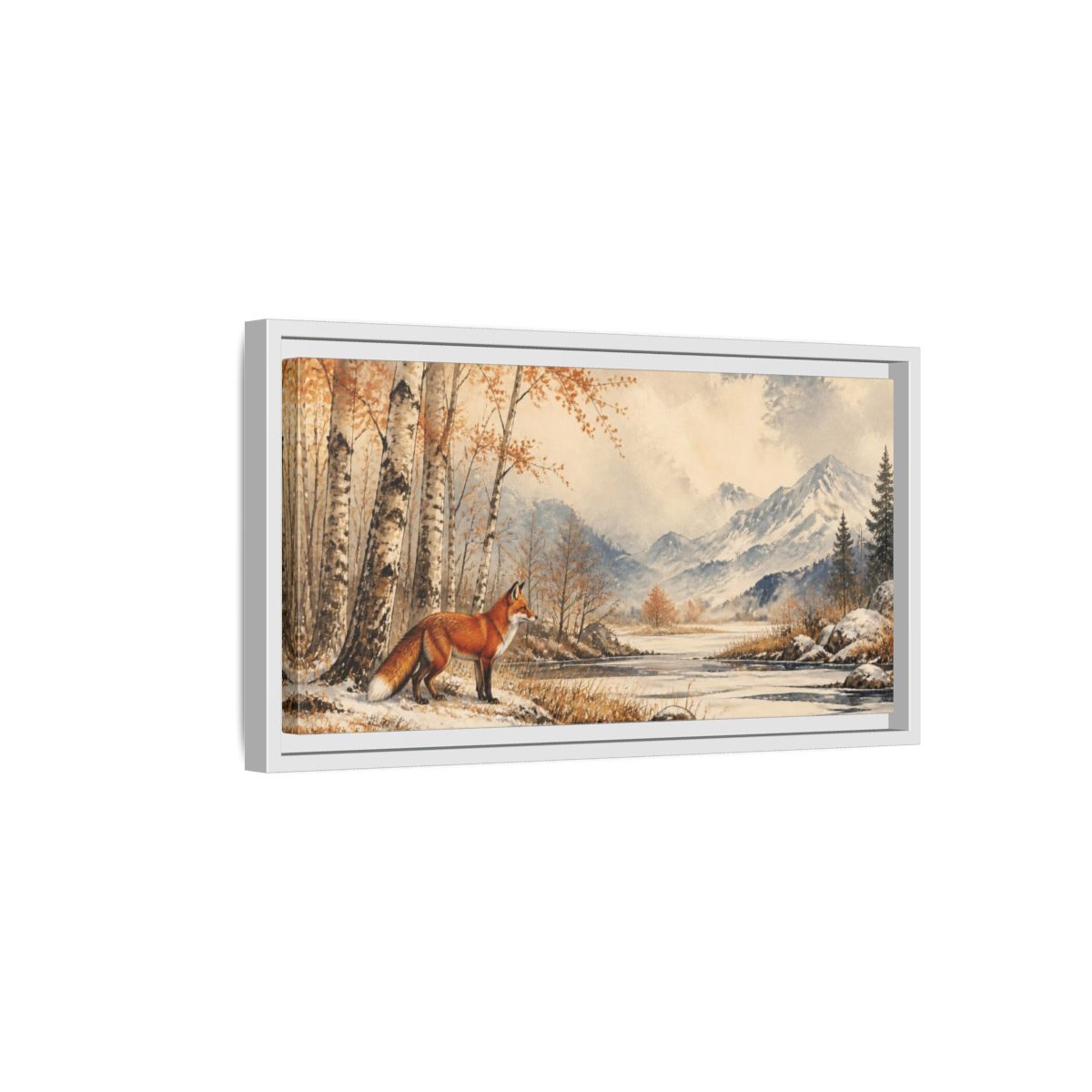 Side Mockup 6. Nature Fox In Birch Clearing shown as framed canvas print
