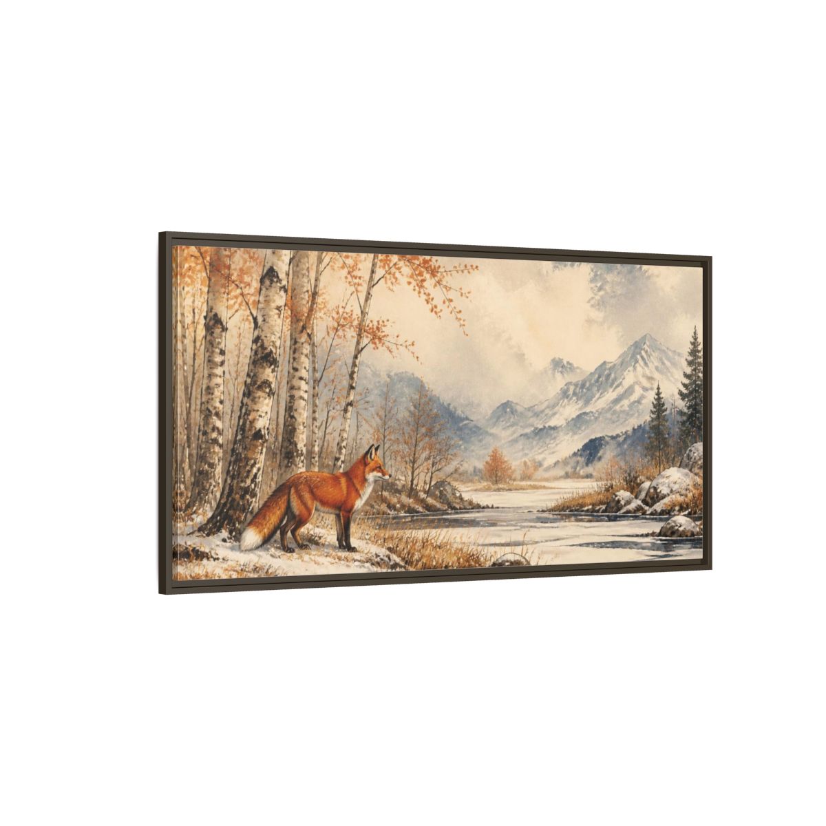 Side Mockup 4. Nature Fox In Birch Clearing shown as framed canvas print