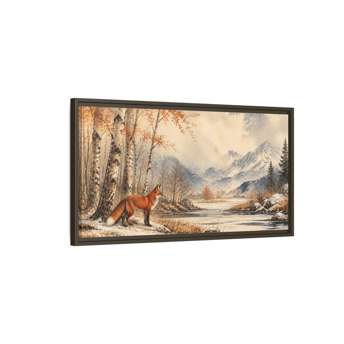 Main Mockup. Nature Fox In Birch Clearing shown as framed canvas print