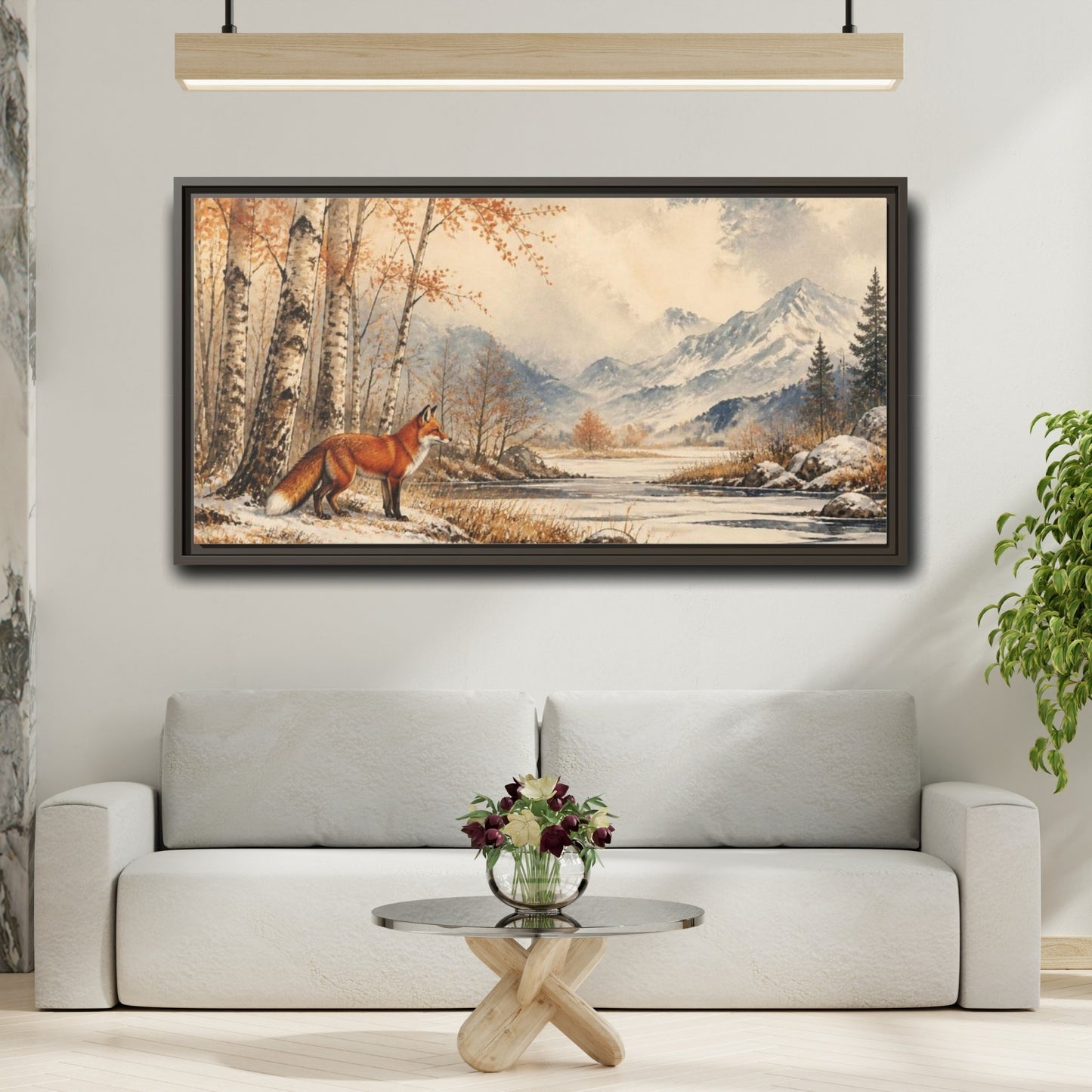 Mockup 2. Nature Fox In Birch Clearing shown as framed canvas print