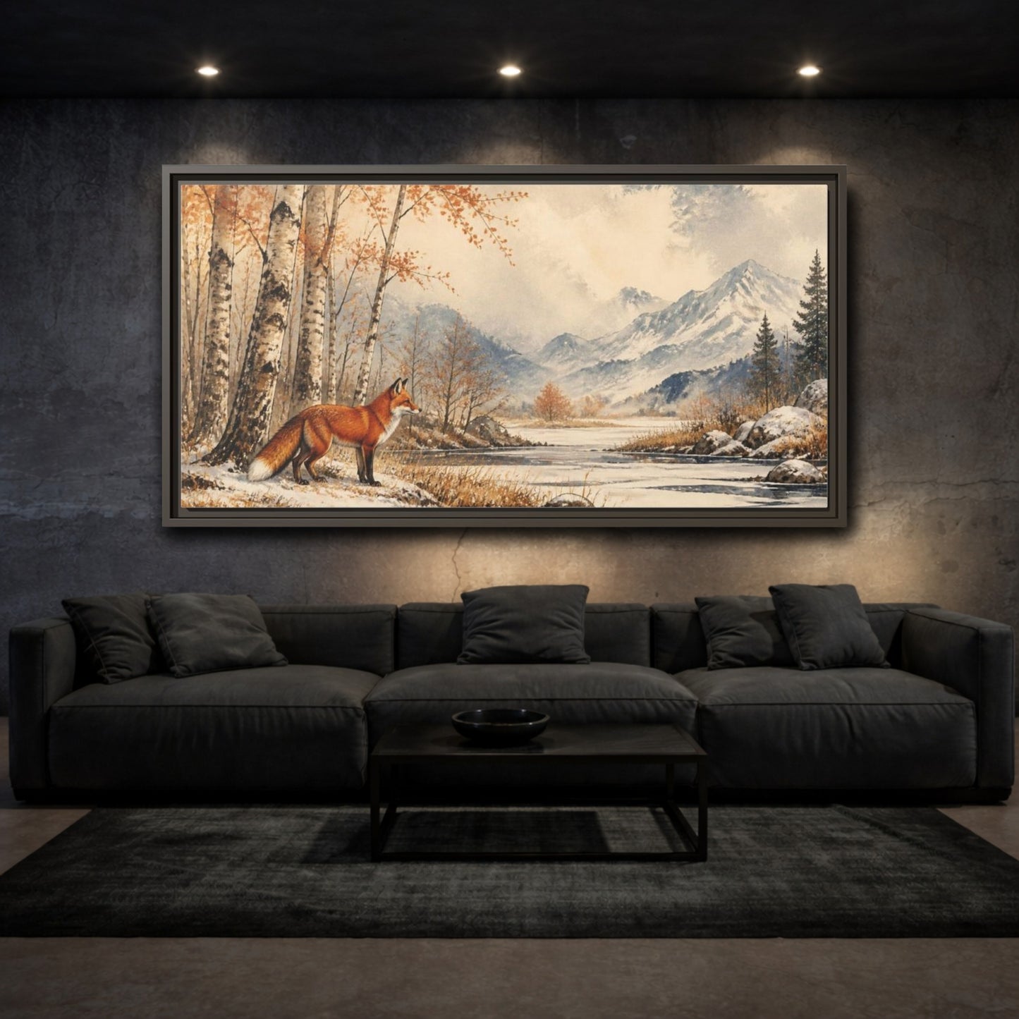 Mockup 3. Nature Fox In Birch Clearing shown as framed canvas print