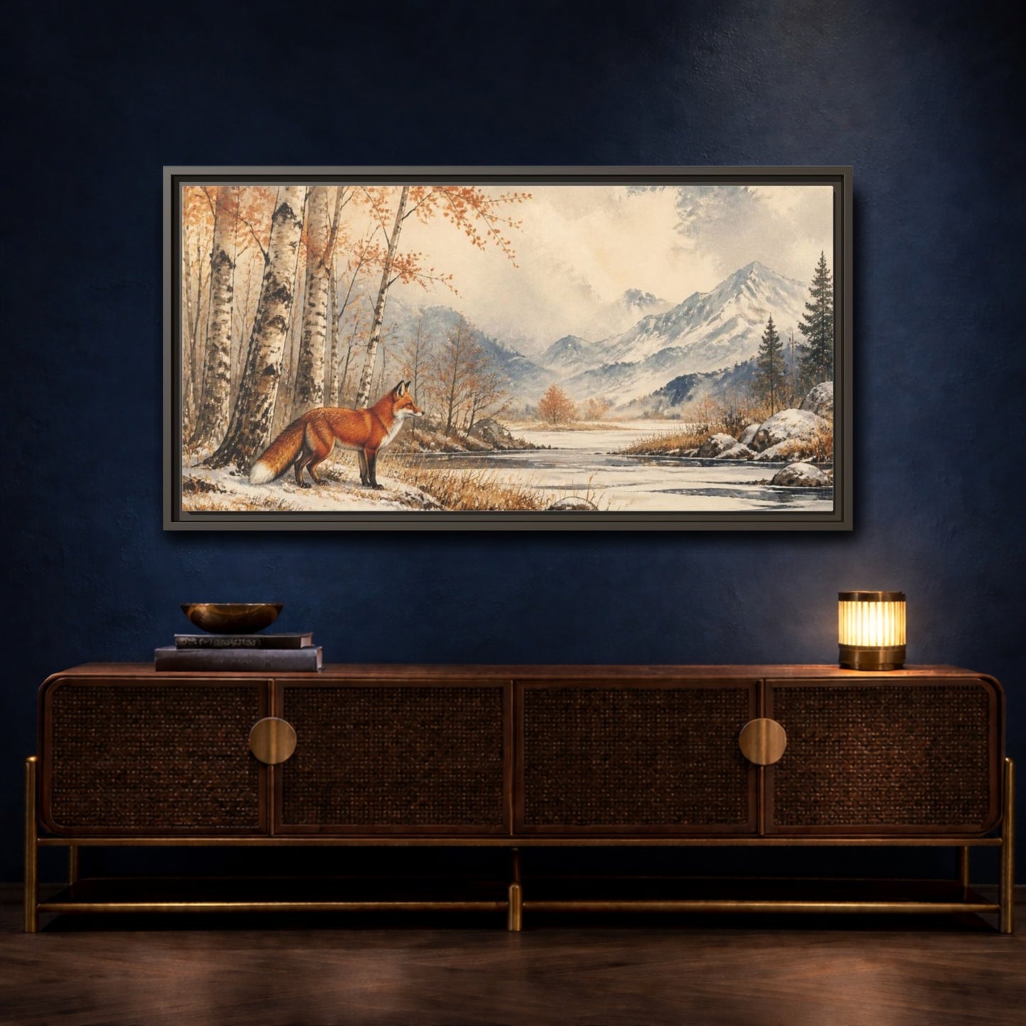 Mockup 4. Nature Fox In Birch Clearing shown as framed canvas print