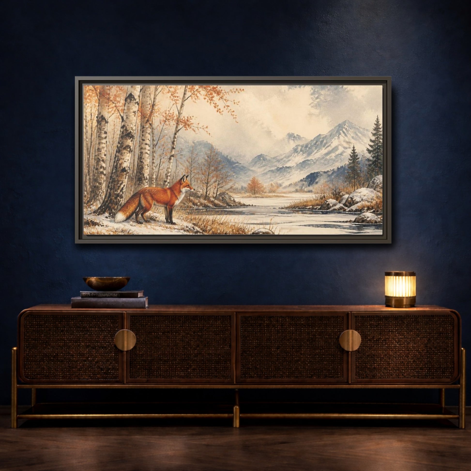 Mockup 4. Nature Fox In Birch Clearing shown as framed canvas print