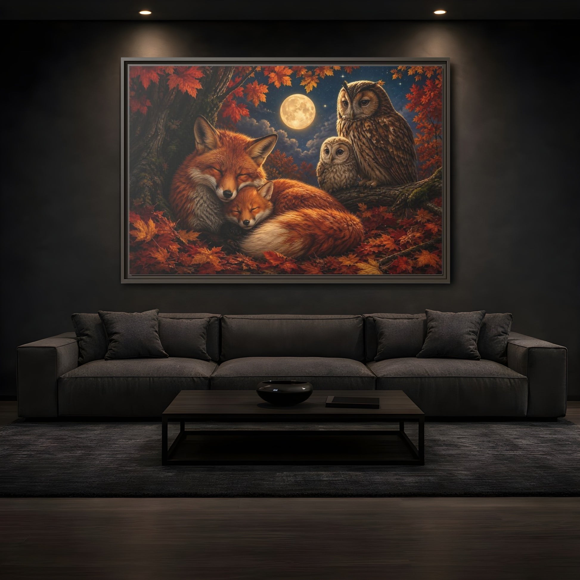 Mockup 3. Nature Foxes Owls Autumn Fox Owl shown as stretched canvas wall art