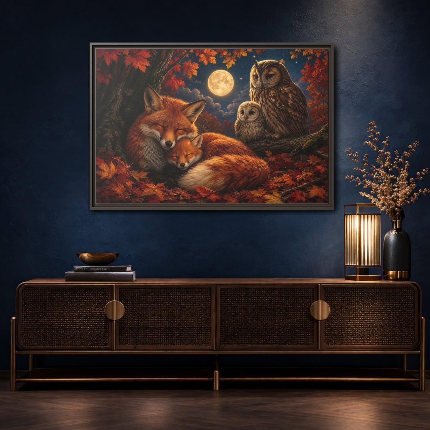 Mockup 4. Nature Foxes Owls Autumn Fox Owl shown as stretched canvas wall art