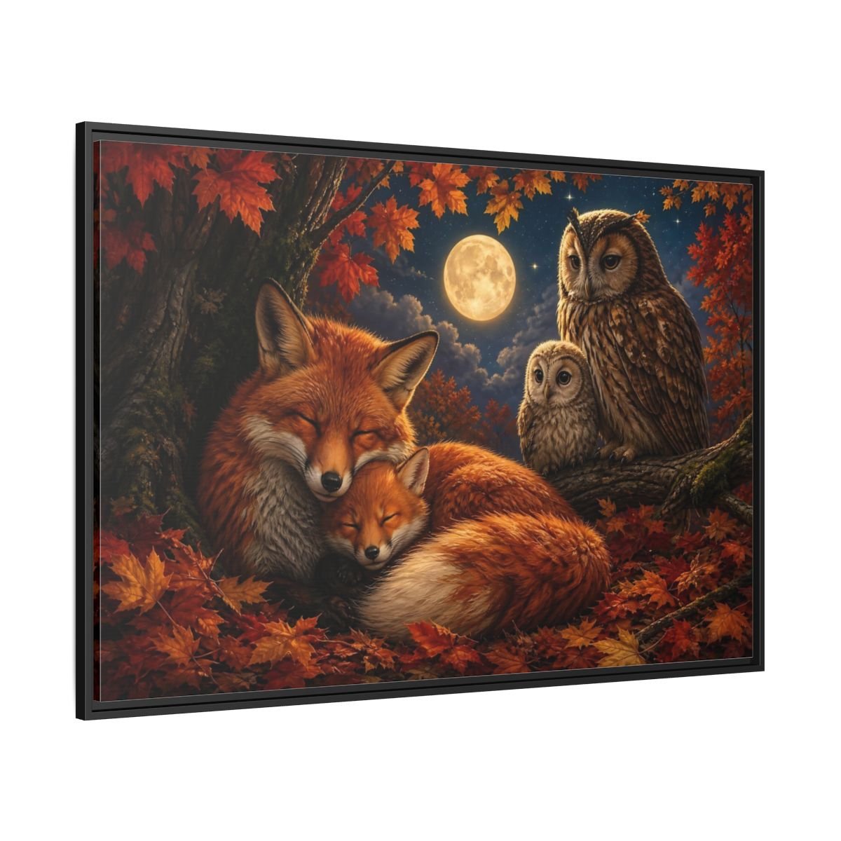 Nature Foxes Owls Autumn Framed Canvas Wall Art Print – Realistic Living Room, Above Sofa - YesArtYes