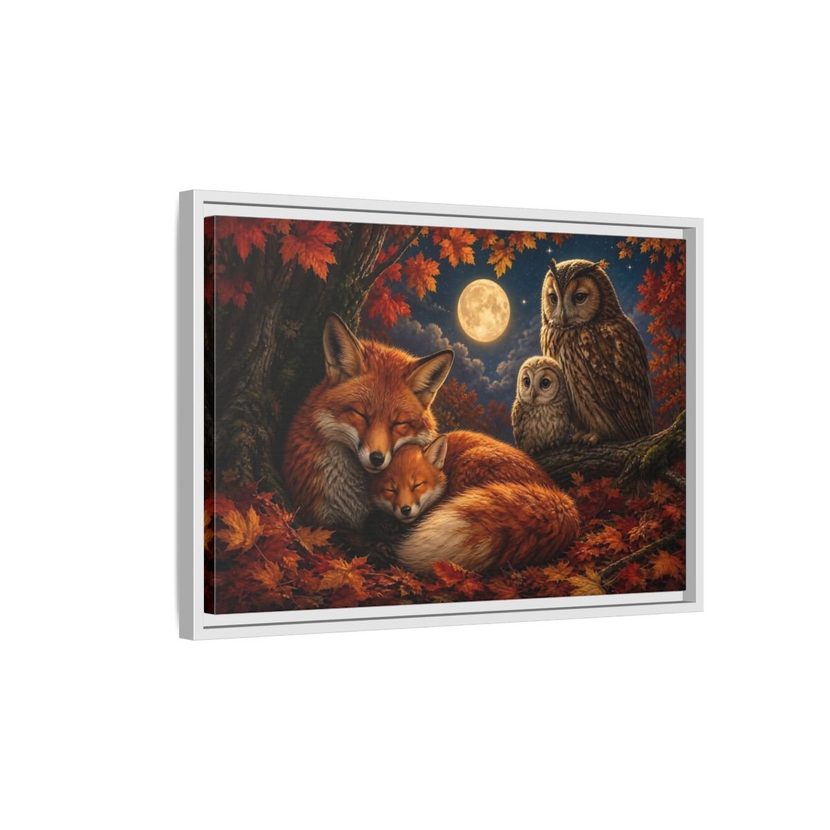 Nature Foxes Owls Autumn Framed Canvas Wall Art Print – Realistic Living Room, Above Sofa - YesArtYes
