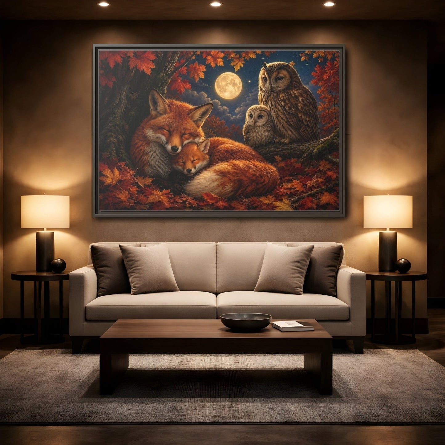 Nature Foxes Owls Autumn Framed Canvas Wall Art Print – Realistic Living Room, Above Sofa - YesArtYes