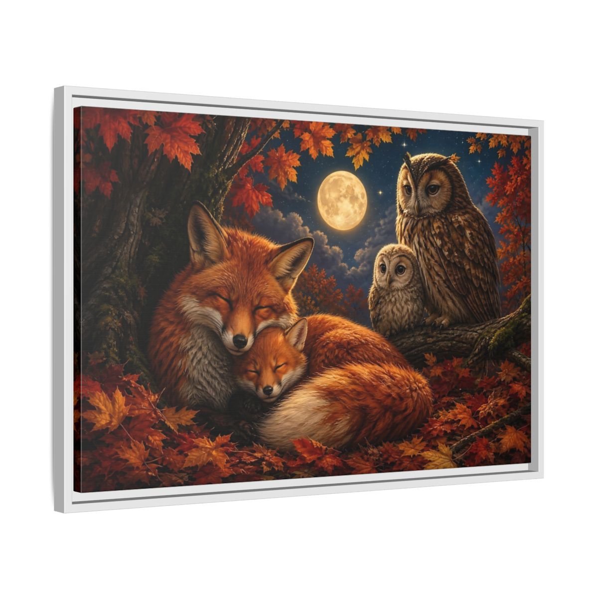 Nature Foxes Owls Autumn Framed Canvas Wall Art Print – Realistic Living Room, Above Sofa - YesArtYes