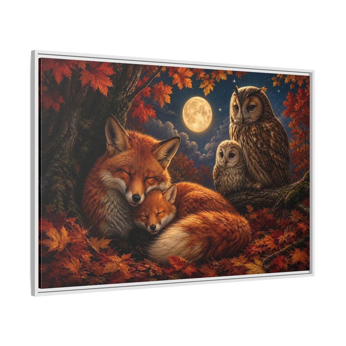 Nature Foxes Owls Autumn Framed Canvas Wall Art Print – Realistic Living Room, Above Sofa - YesArtYes